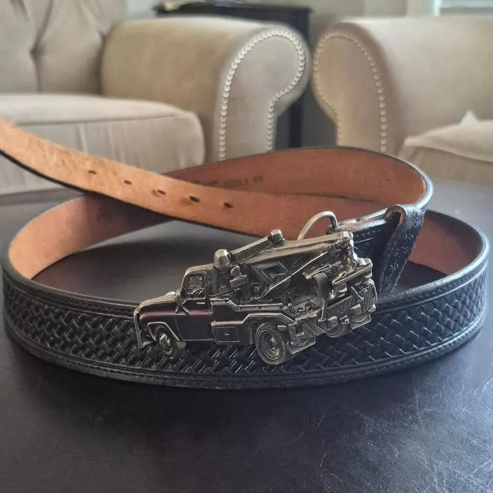 Vintage-american Creek 80' Collection 3D Tow Truck Bukel Silver Men Black Belt